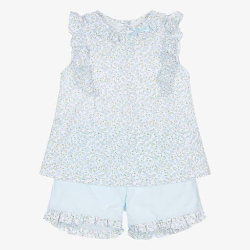 Sarah Louise-Girls Blue Ditsy Floral Cotton Shorts Set | Childrensalon Outlet