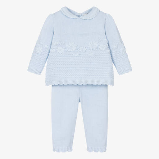 Sarah Louise-Girls Blue Floral Knitted Trouser Set | Childrensalon Outlet