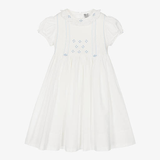 Sarah Louise-Girls Ivory & Blue Cotton Hand-Smocked Dress | Childrensalon Outlet