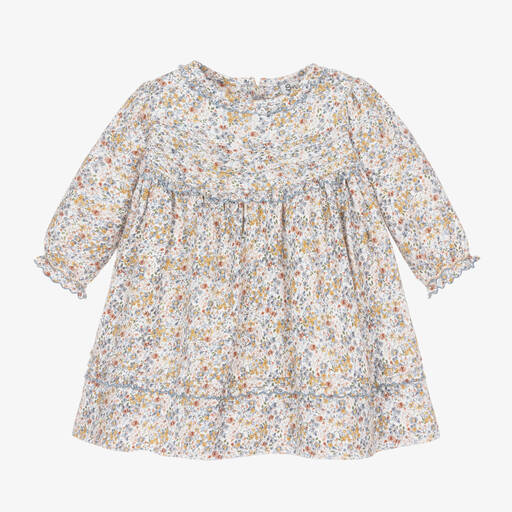 Sarah Louise-Girls Ivory & Blue Floral Cotton Dress | Childrensalon Outlet