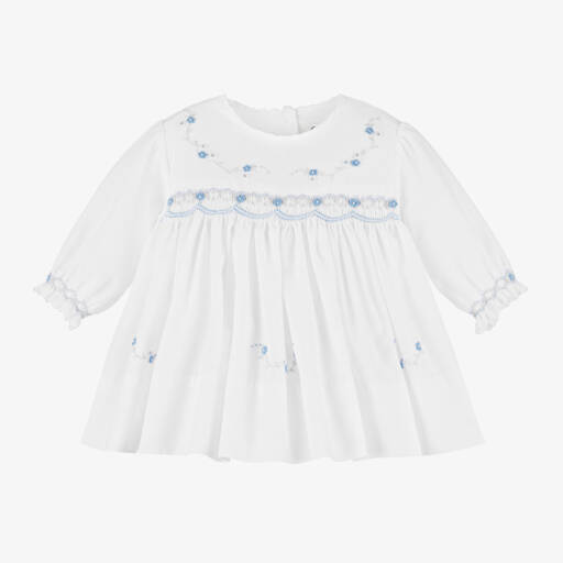Sarah Louise-فستان قطن تطريز سموك لون أبيض للمولودات | Childrensalon Outlet