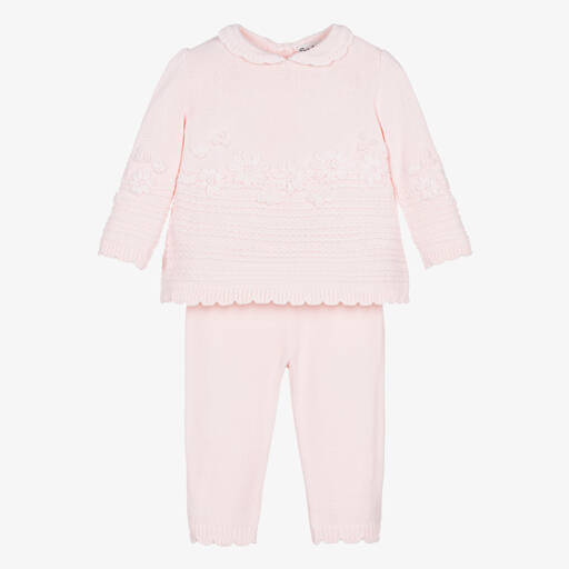 Sarah Louise-Girls Pink Floral Knitted Trouser Set | Childrensalon Outlet