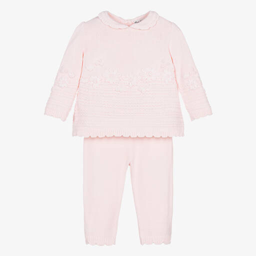 Sarah Louise-Girls Pink Floral Knitted Trouser Set | Childrensalon Outlet