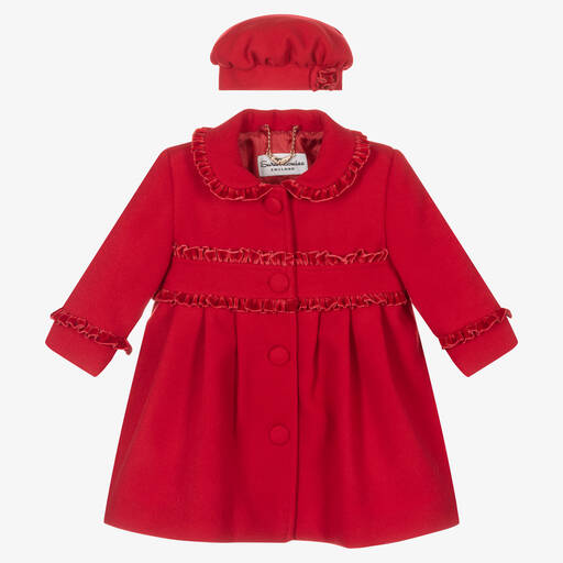Sarah Louise-طقم معطف وقبعة مزيج فيسكوز لون أحمر للبنات | Childrensalon Outlet