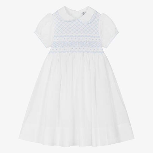 Sarah Louise-Girls White & Blue Hand-Smocked Dress | Childrensalon Outlet