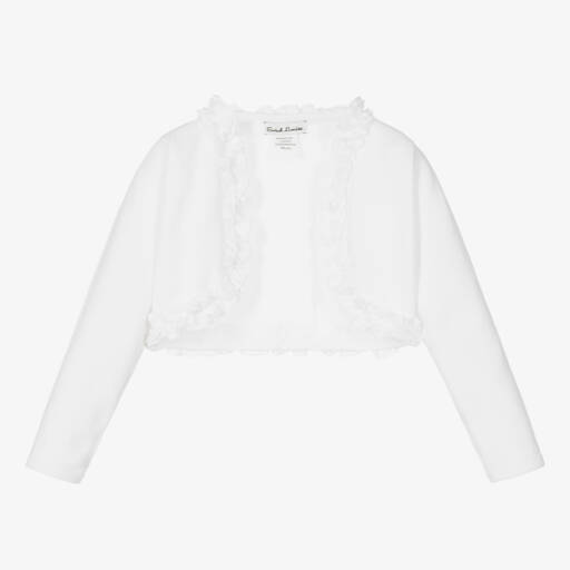 Sarah Louise-Girls White Knitted Bolero Cardigan with Ruffles | Childrensalon Outlet