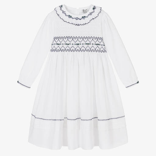 Sarah Louise-Girls White & Navy Blue Smocked Dress | Childrensalon Outlet