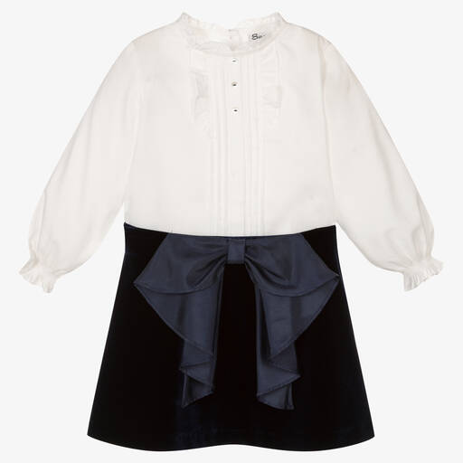 Sarah Louise-Girls White & Navy Blue Velour Skirt Set | Childrensalon Outlet