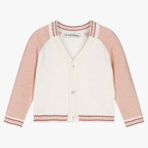 Sarah Louise-Girls White & Pink Cotton Cardigan  | Childrensalon Outlet