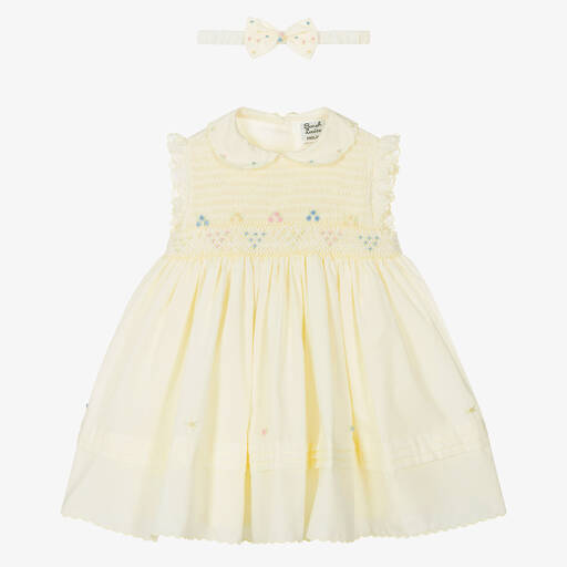 Sarah Louise-طقم فستان أطفال بناتي تطريزسموك مزيج قطن وكتان لون أصفر | Childrensalon Outlet