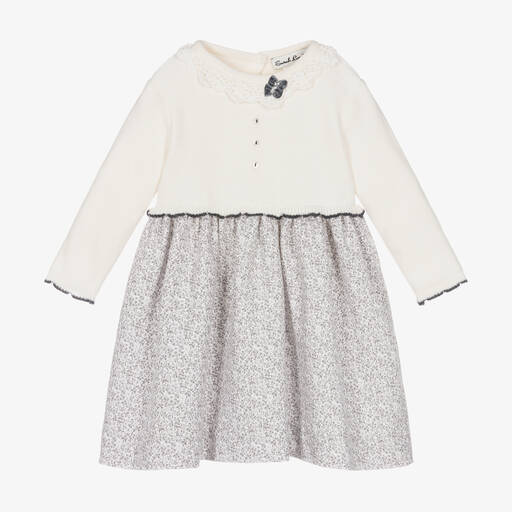 Sarah Louise-Ivory & Grey Floral Cotton Dress | Childrensalon Outlet