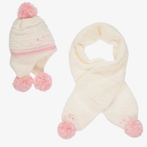 Sarah Louise-Ivory & Pink Knitted Hat Set | Childrensalon Outlet