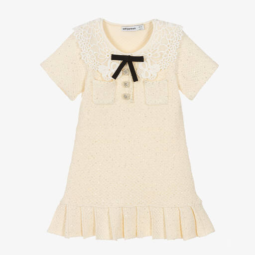 Self-Portrait-Girls Ivory Knitted Jersey & Lace Dress | Childrensalon Outlet