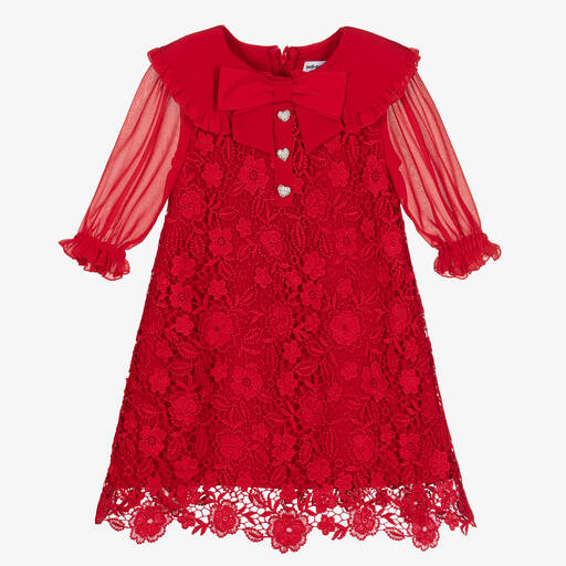 Self-Portrait-Girls Red Chiffon Lace Dress | Childrensalon Outlet