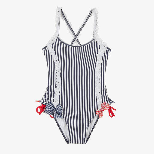 Selini Action-Blue Stripe Ruffle Swimsuit | Childrensalon Outlet
