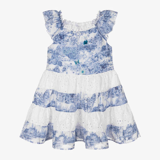Selini Action-Girls Blue Toile de Jouy & Broderie Anglaise Dress | Childrensalon Outlet