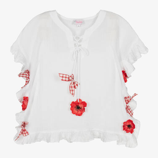 Selini Action-Girls White Cheesecloth Poppies & Bows Kaftan | Childrensalon Outlet