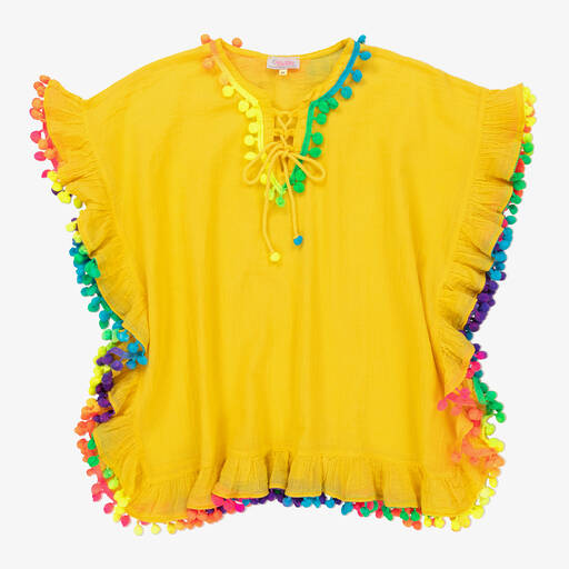 Selini Action-Caftan jaune coton à pompons fille | Childrensalon Outlet