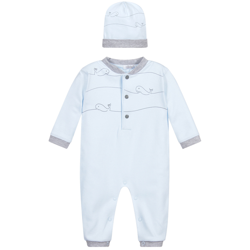 Sofija-أوفرول رومبر وقبعة قطن لون أزرق ورمادي للمواليد | Childrensalon Outlet
