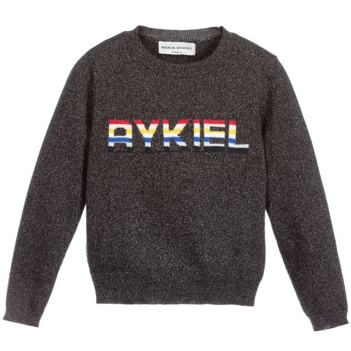 Sonia Rykiel Paris-كنزة قطن و صوف لون أسود و فضّي متاليك للبنات | Childrensalon Outlet