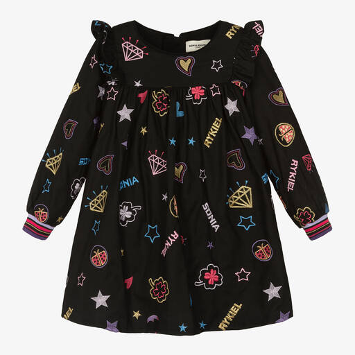 Sonia Rykiel Paris-فستان بطبعة نجوم وحلي صغيرة قطن تويل لون أسود | Childrensalon Outlet