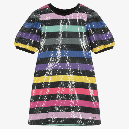 Sonia Rykiel Paris-فستان فيسكوز مزين بترتر مقلم لون أسود | Childrensalon Outlet