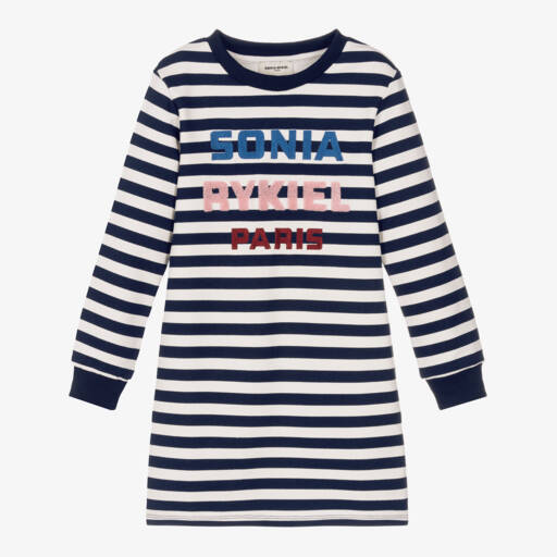 Sonia Rykiel Paris-فستان قطن جيرسي مخطط لون أبيض وأزرق | Childrensalon Outlet
