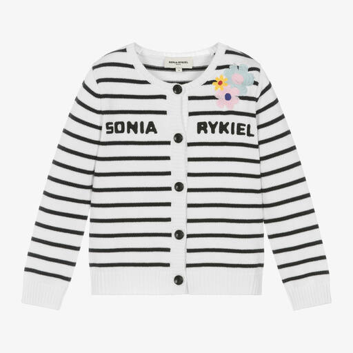 Sonia Rykiel Paris-كارديغان قطن محبوك مقلم لون أبيض وأسود للبنات | Childrensalon Outlet