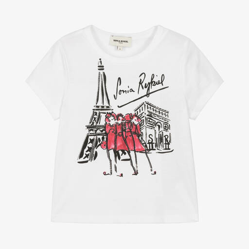 Sonia Rykiel Paris-Girls White Cotton Eifel Tower T-Shirt | Childrensalon Outlet