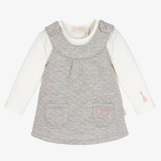 Sophie la Girafe-طقم فستان قطن جيرسي لون عاجي ورمادي للمولودات | Childrensalon Outlet