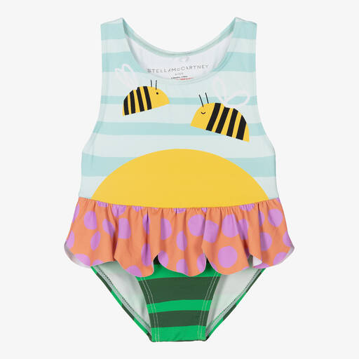Stella McCartney Kids-مايّو أطفال بناتي مزين بكشكش لون أزرق وزهري (UPF50+) | Childrensalon Outlet