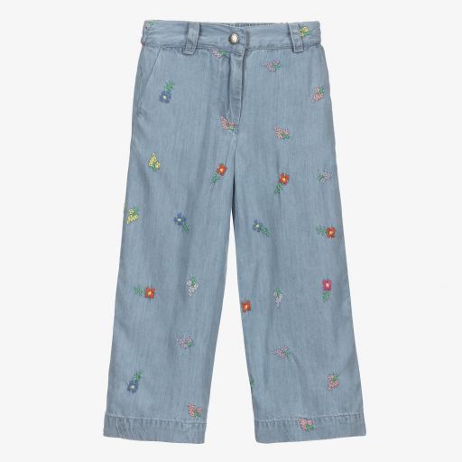 Stella McCartney Kids-Голубые брюки из шамбре с цветами | Childrensalon Outlet