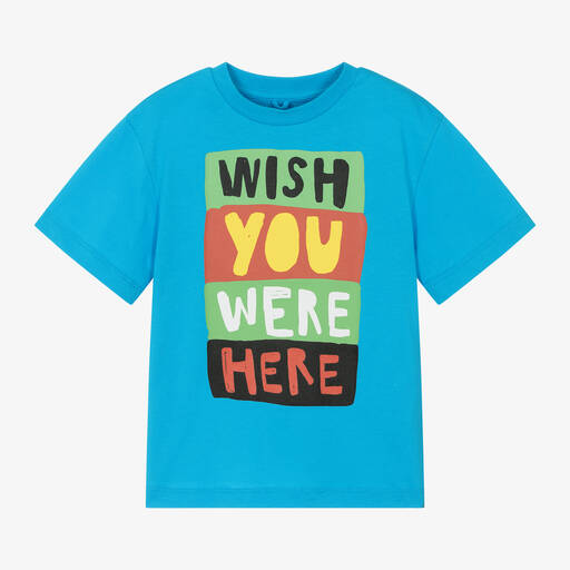 Stella McCartney Kids-Boys Blue Cotton 'Wish You Were Here' T-Shirt | Childrensalon Outlet
