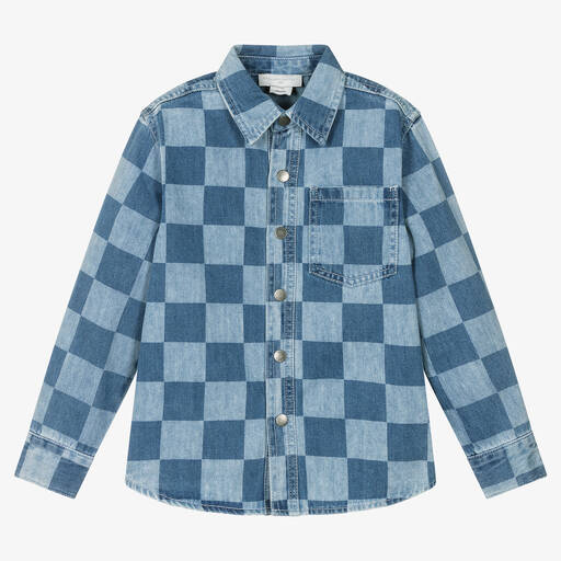 Stella McCartney Kids-Boys Blue Organic Cotton Check Denim Shirt | Childrensalon Outlet