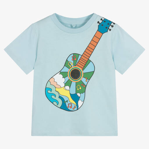 Stella McCartney Kids-Голубая футболка из органического хлопка с гитарой | Childrensalon Outlet