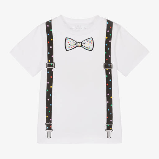 Stella McCartney Kids-تيشيرت بطبعة حمالات قطن لون أبيض للأولاد | Childrensalon Outlet