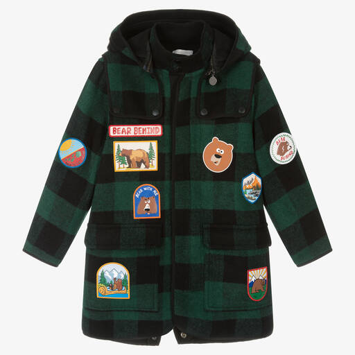 Stella McCartney Kids-Boys Green & Black Check Badges Coat | Childrensalon Outlet