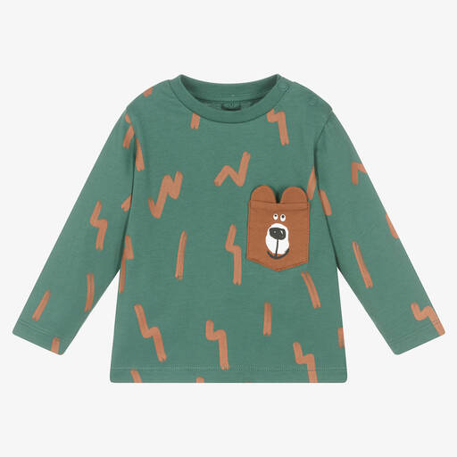 Stella McCartney Kids-Зеленый хлопковый топ с карманом-медведем | Childrensalon Outlet