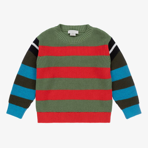 Stella McCartney Kids-Зеленый свитер из хлопка и шерсти в полоску | Childrensalon Outlet