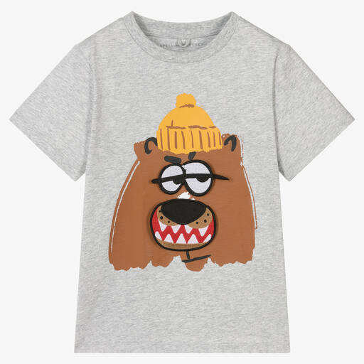 Stella McCartney Kids-Серая хлопковая футболка с медведем | Childrensalon Outlet