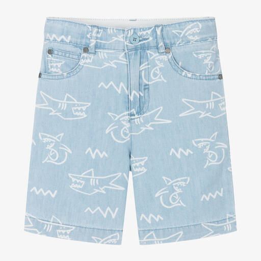 Stella McCartney Kids-Boys Light Blue Cotton Shark Shorts | Childrensalon Outlet