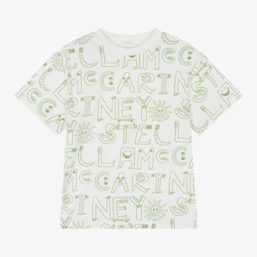 Stella McCartney Kids-Кремовая и зелёная органическая футболка для мальчиков | Childrensalon Outlet