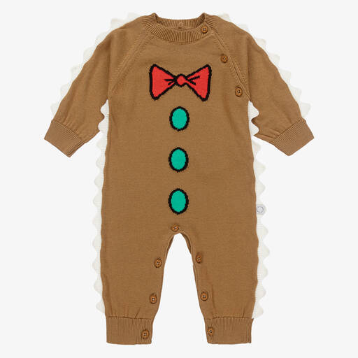 Stella McCartney Kids-Brown Organic Cotton Knit Bow Tie Romper | Childrensalon Outlet