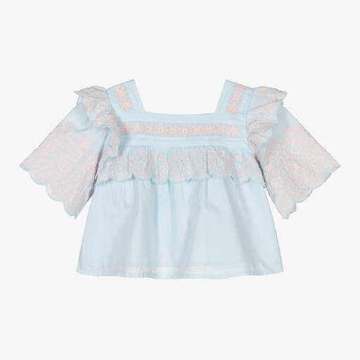 Stella McCartney Kids-Chemisier bleu brodé en coton bio | Childrensalon Outlet