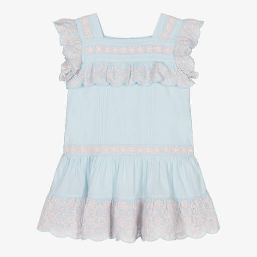 Stella McCartney Kids-Голубое платье из органического хлопка с вышивкой | Childrensalon Outlet