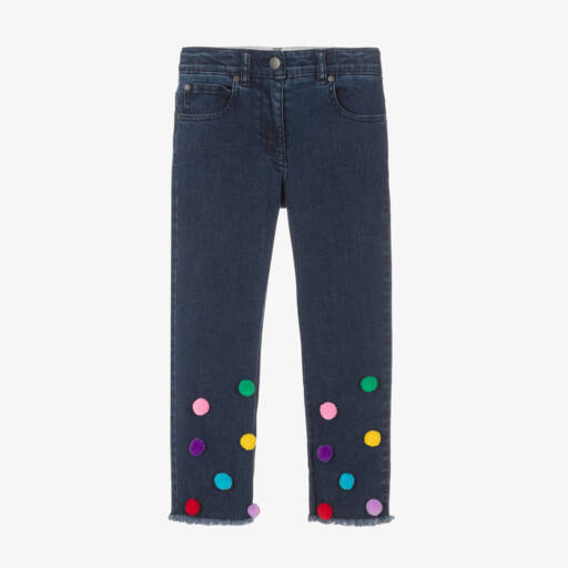 Stella McCartney Kids-جينز دنيم مزين ببوم بوم لون كحلي للبنات | Childrensalon Outlet