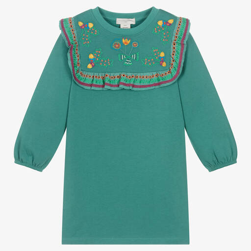Stella McCartney Kids-فستان قطن جيرسي عضوي مطرز لون أخضر | Childrensalon Outlet
