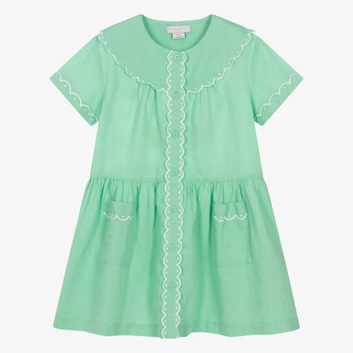 Stella McCartney Kids-Girls Green Linen & Cotton Dress | Childrensalon Outlet