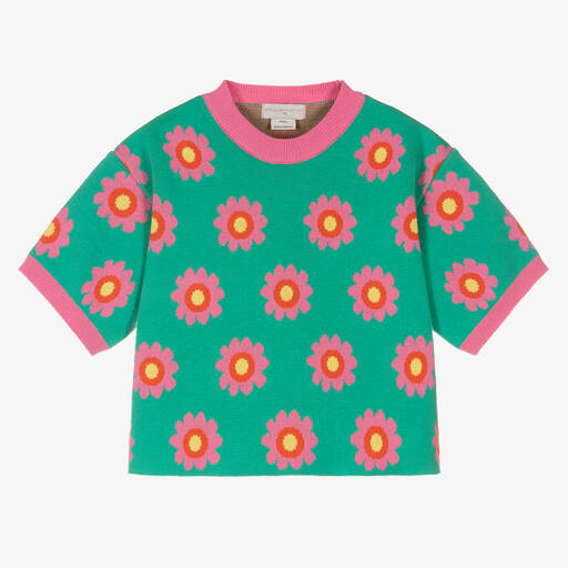 Stella McCartney Kids-Зеленый трикотажный топ с розовыми цветами | Childrensalon Outlet