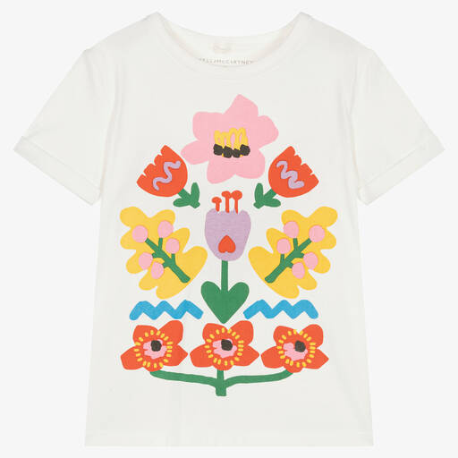 Stella McCartney Kids-Blumen-Baumwoll-T-Shirt Elfenbein | Childrensalon Outlet